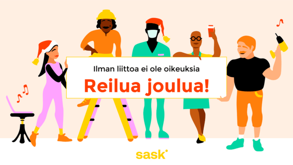 Reilua joulua -joulukortti. Kuvitettu SASKin ihmishahmoilla.